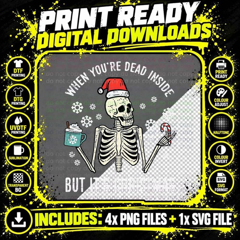 Dead Inside but Its Christmas Skeleton Coffee Xmas Women Png SVG Digital Bundle
