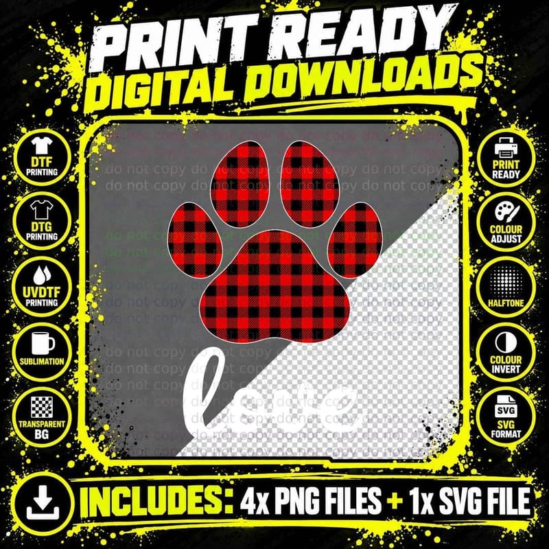 Dog Paw Print Red Buffalo Plaid Matching Love Dog Png SVG Digital Bundle