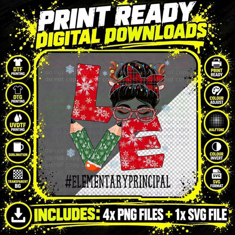 Elementary Principal Love Christmas Woman Messy Bun Png SVG Digital Bundle