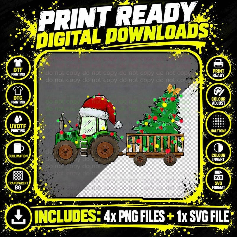 Farm Tractor Christmas Lights Tree Santa Hat Funny Png SVG Digital Bundle