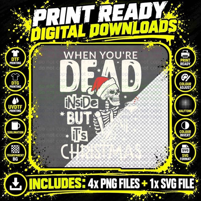 Funny Christmas Dead Inside Skeleton Coffee Retro Png SVG Digital Bundle