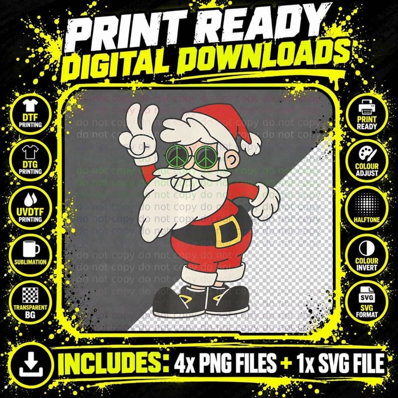 Funny Christmas Peace Love Hippie Santa Claus Png SVG Digital Bundle