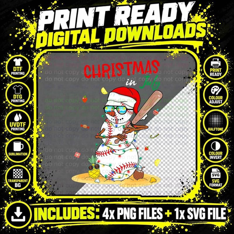 Funny Christmas in July Snowman Baseball Summer Xmas Png SVG Digital Bundle