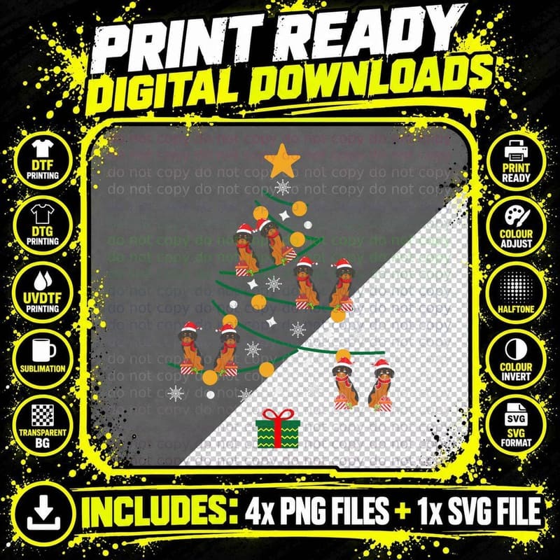 Funny Dachshund Christmas Tree Tee Xmas Dachshuns Dog Png SVG Digital Bundle