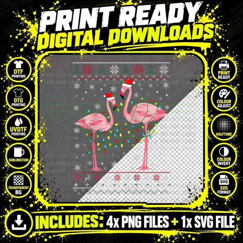 Funny Flamingo Lights Tangled Ugly Sweater Christmas Png SVG Digital Bundle
