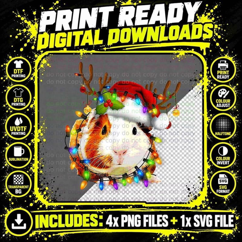 Funny Guinea Pig Christmas Reindeer Christmas Lights Png SVG Digital Bundle