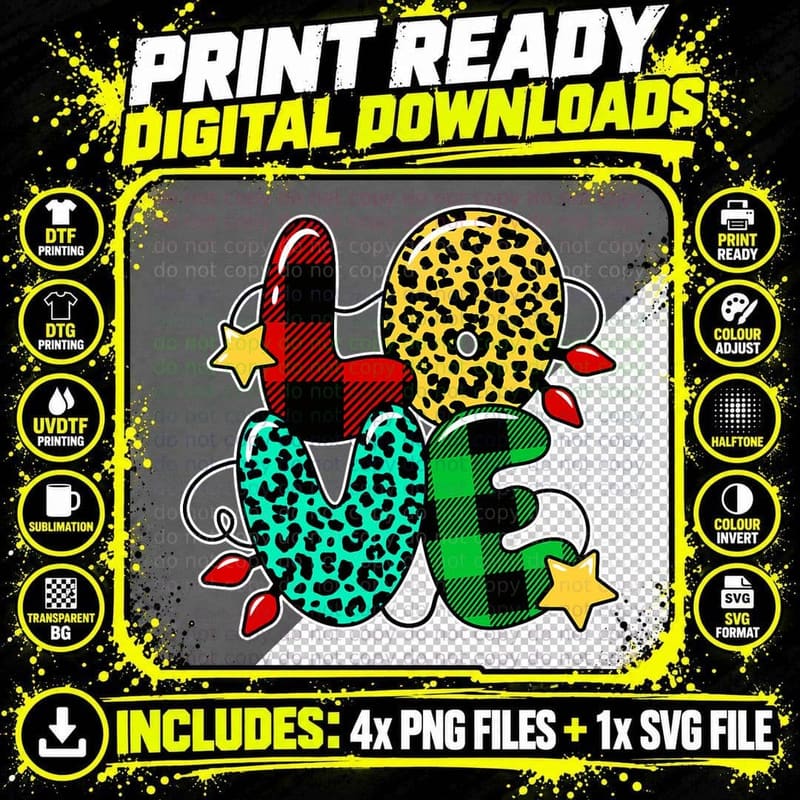 Funny Leopard Plaid Love Christmas Print Letter Xmas Png SVG Digital Bundle