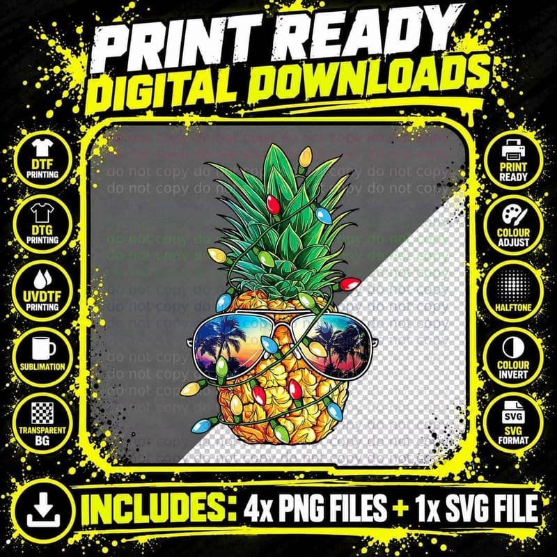 Funny Pineapple Christmas Tree Lights Xmas Gifts T-Shirt Png SVG Digital Bundle