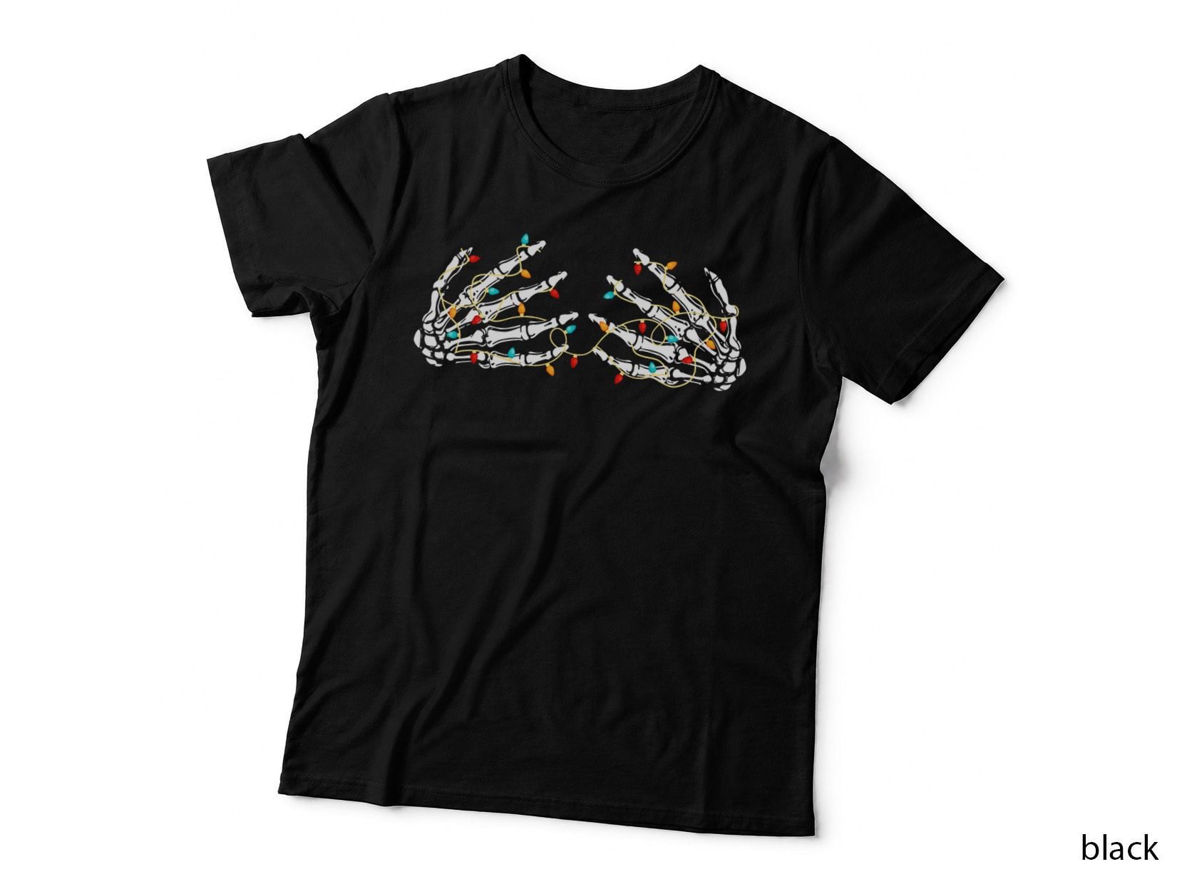 Funny Skeleton Hand on Chest Christmas Lights Ornament Boobs T-Shirt