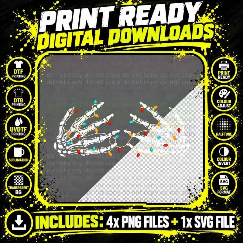 Funny Skeleton Hand on Chest Christmas Lights Ornament Png SVG Digital Bundle