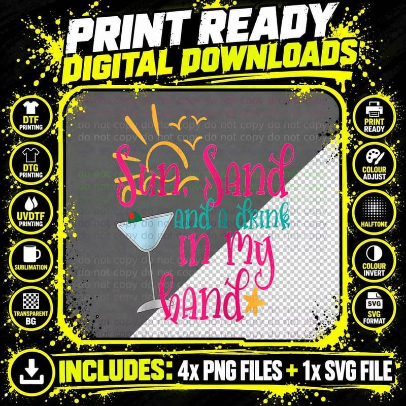 Funny Sun Sand & Drink in Hand Family Birthday Christmas Png SVG Digital Bundle
