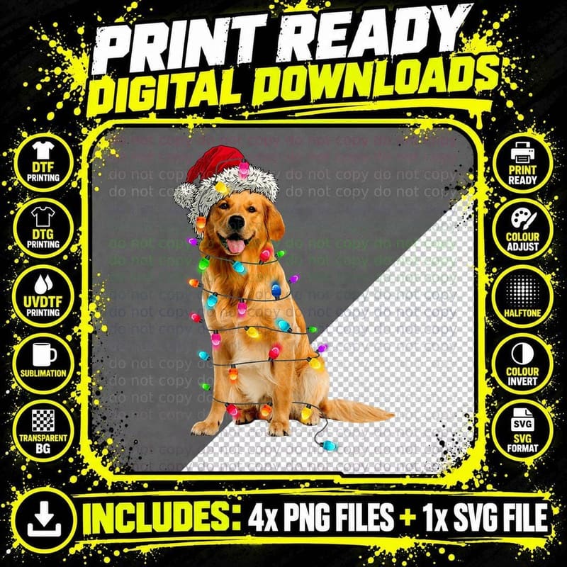 Golden Retrievers Christmas Lights Hat Santa Dog Lover Png SVG Digital Bundle