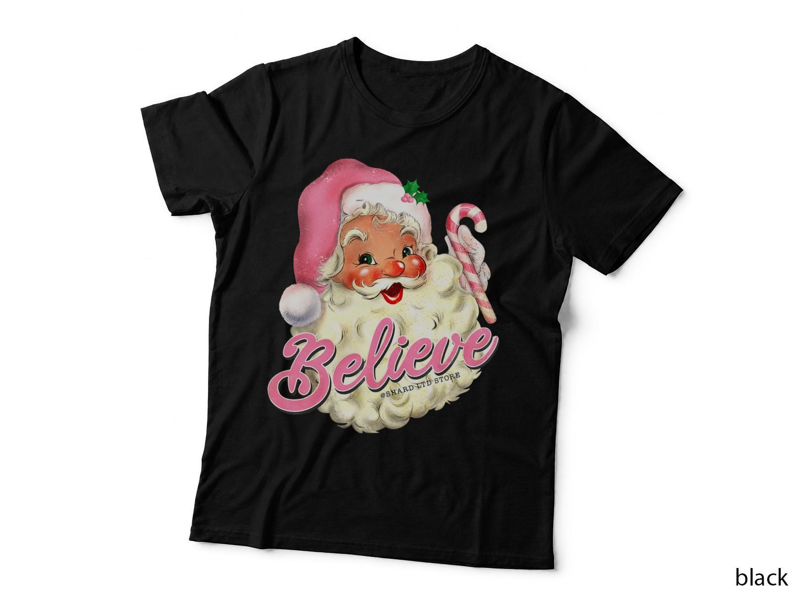 Groovy Vintage Pink Santa Claus Believe Christmas Women Kids T-Shirt