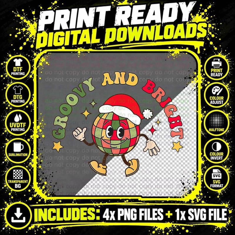 Groovy and Bright Disco Christmas Ball Santa Hat Funny Png SVG Digital Bundle