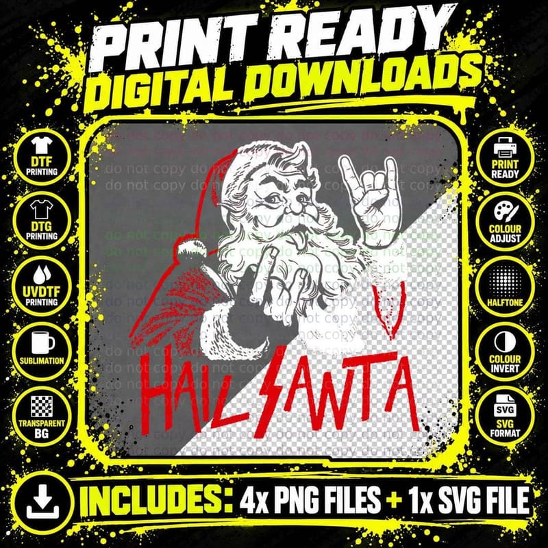 Hail Santa Sleigher Heavy Metal Christmas Xmas Rock & Png SVG Digital Bundle