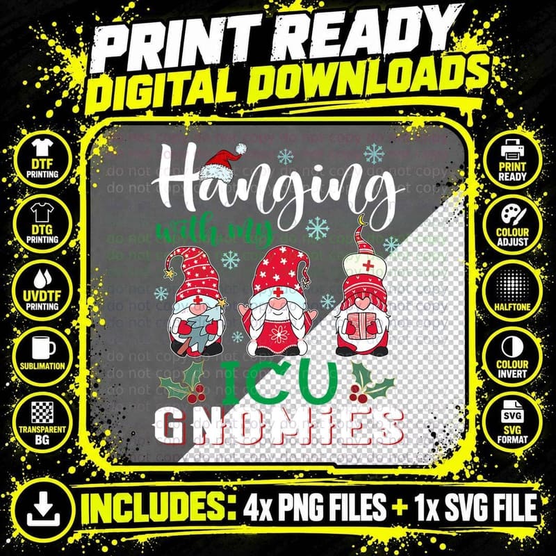 Hanging with My ICU Gnomies Nurse Christmas Santa Hat Png SVG Digital Bundle