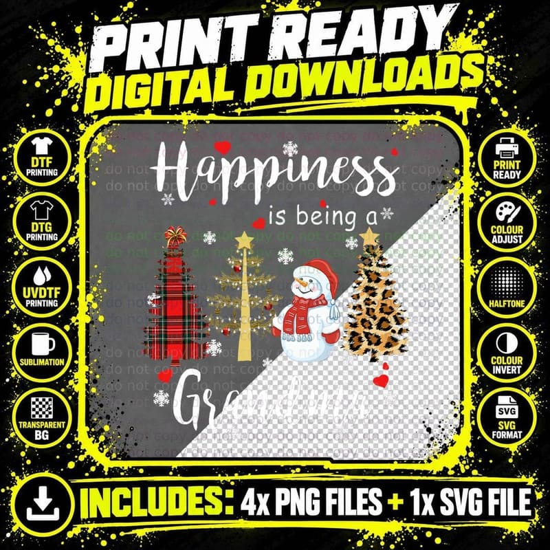 Happiness Is Being a Grandma Christmas Tree Snowman Png SVG Digital Bundle