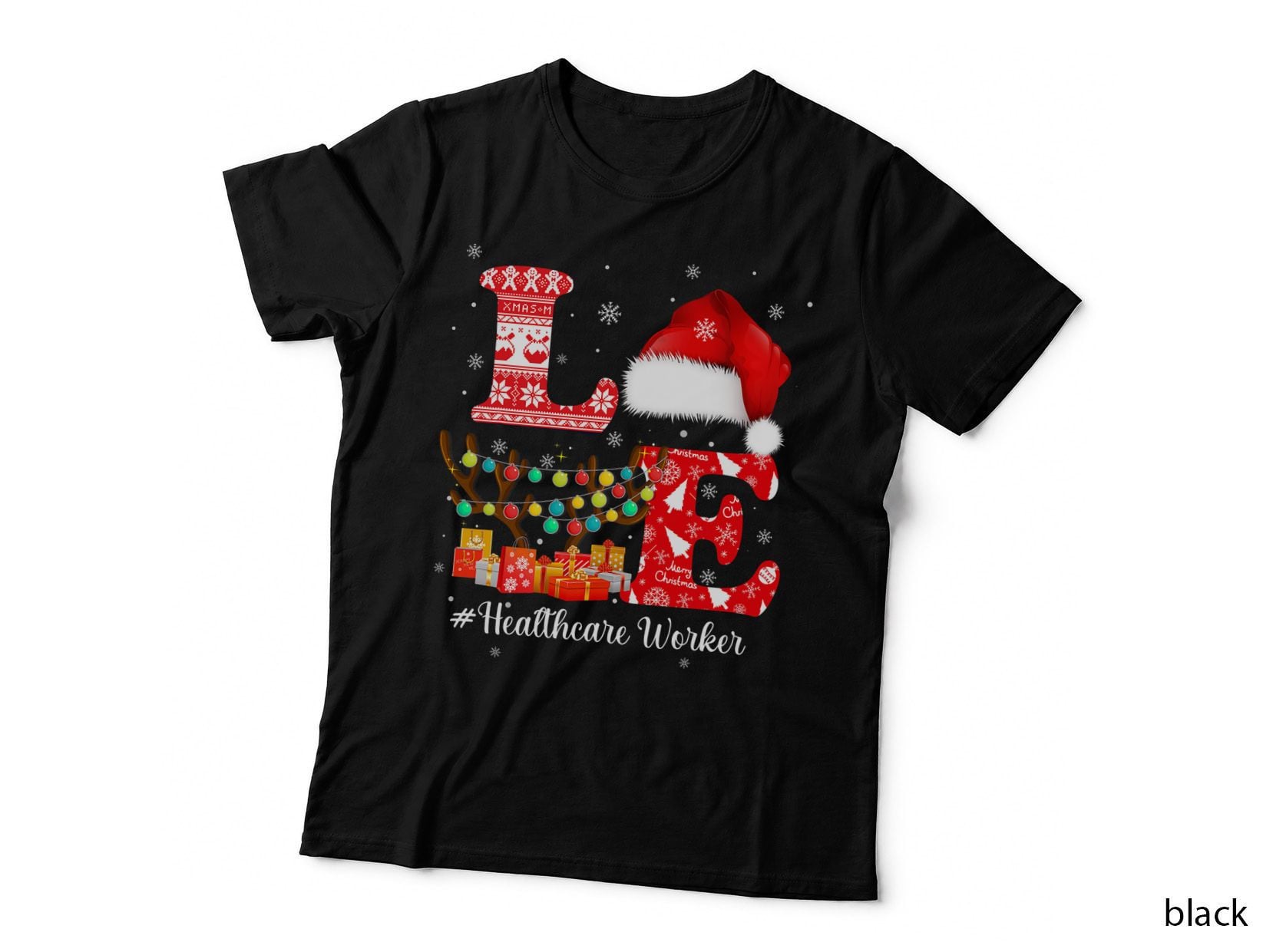 Healthcare Worker Love Christmas Reindeer Santa Hat Xmas T-Shirt