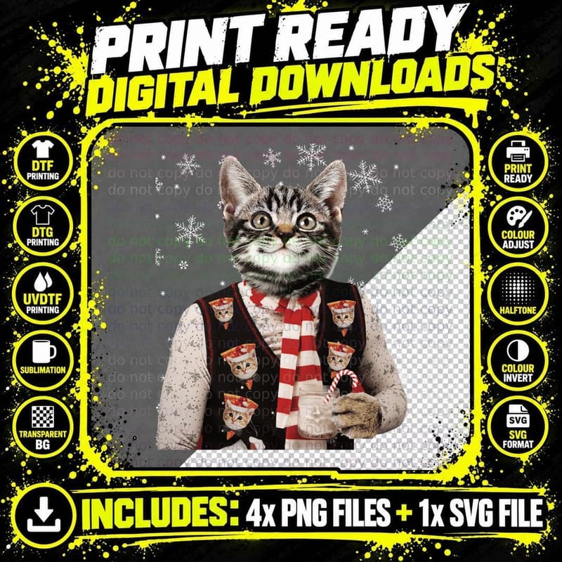 Hipster Cat Wearing Ugly Christmas Sweater with Pizza Png SVG Digital Bundle