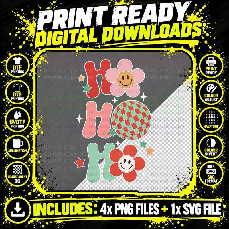 Ho Retro Flower Disco Ball Groovy Xmas 70s 80s Holiday Png SVG Digital Bundle