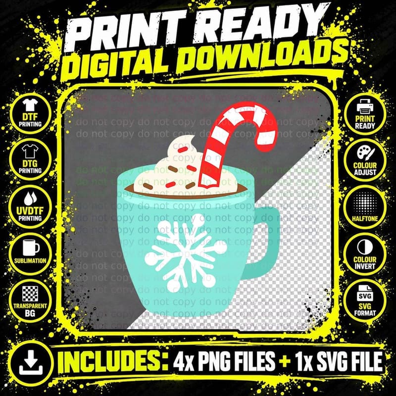 Hot Cocoa with Candy Cane Cream Xmas Christmas Lover Png SVG Digital Bundle