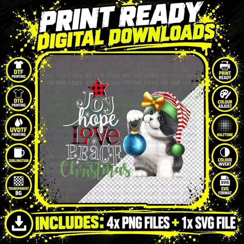 Joy Hope Love Peace Christmas Cat Xmas Classic T-Shirt Png SVG Digital Bundle