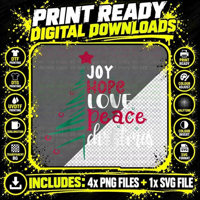 Joy Hope Love Peace Christmas Tree Pajama Santa Png SVG Digital Bundle