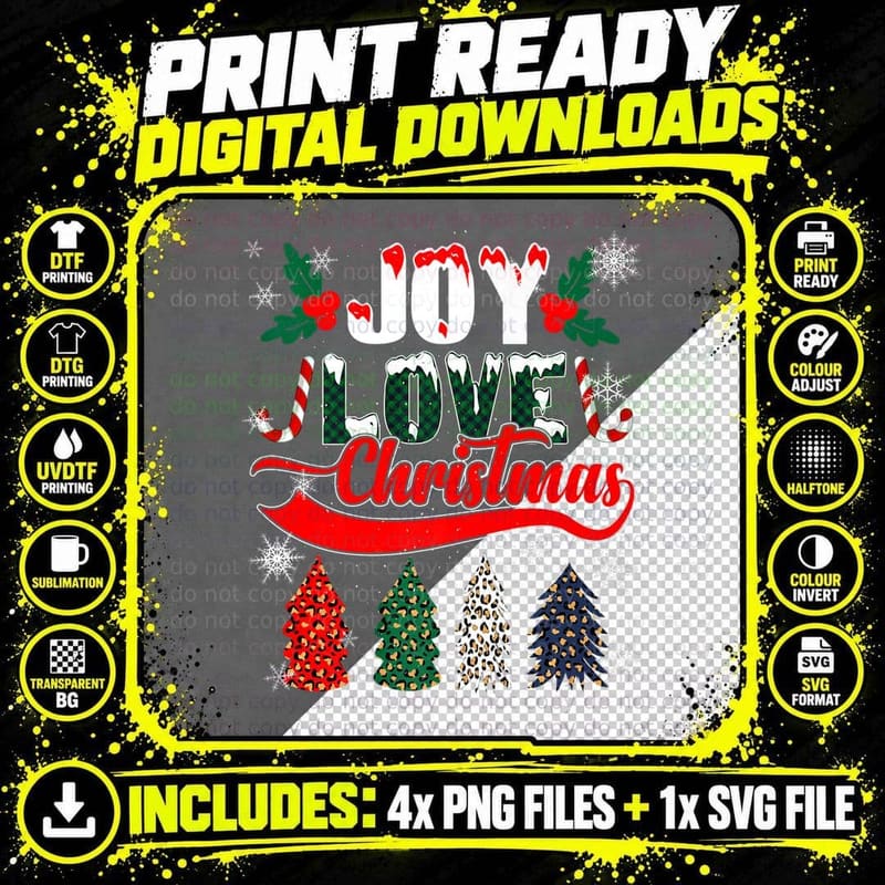 Joy Love Christmas Trees Gingham Plaid, LEO Cheetah Png SVG Digital Bundle