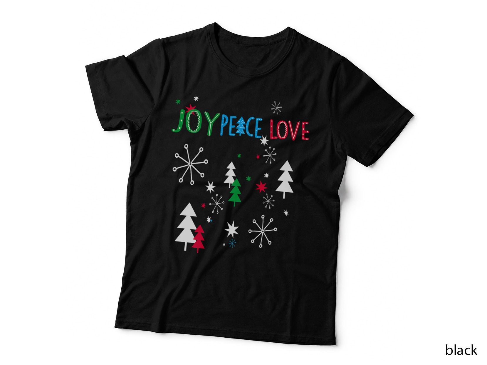 Joy Peace Love Christmas Trees with Snowflakes Funny, Holiday Xmas T-Shirt