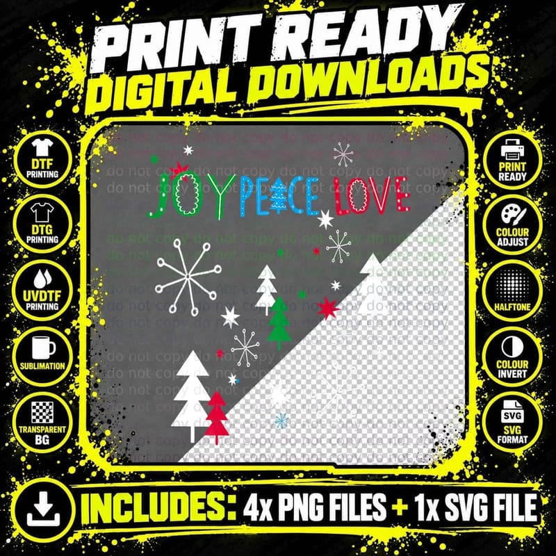 Joy Peace Love Christmas Trees with Snowflakes Funny Png SVG Digital Bundle