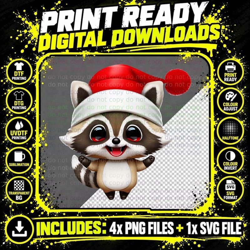 Kawaiiartstyle Kawaii Cute Raccoon with Santa Hat at Png SVG Digital Bundle