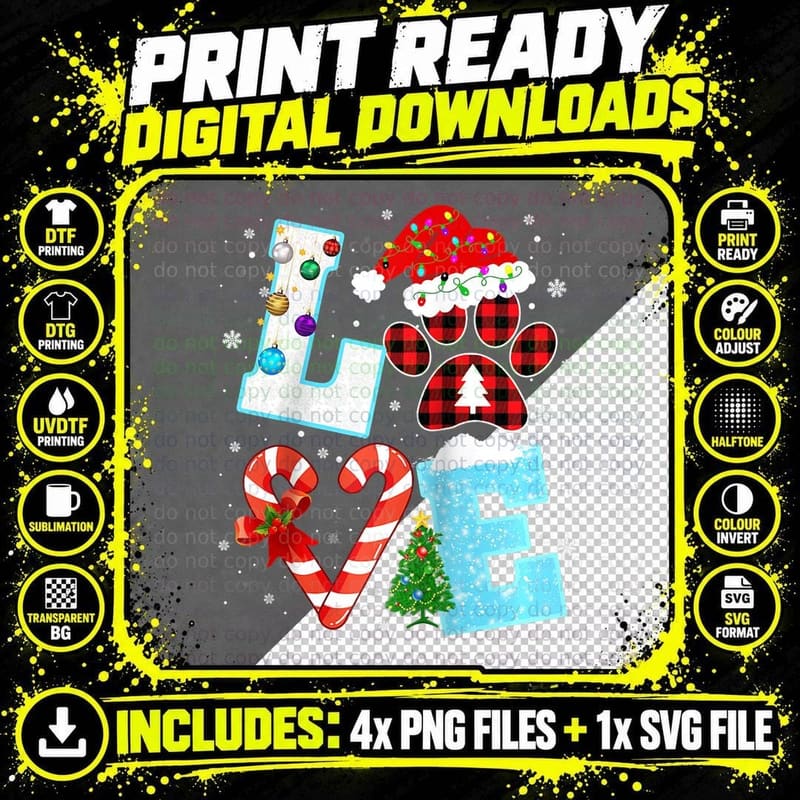 LOVE Buffalo Plaid Christmas Paw Dog with Santa Hat & Png SVG Digital Bundle