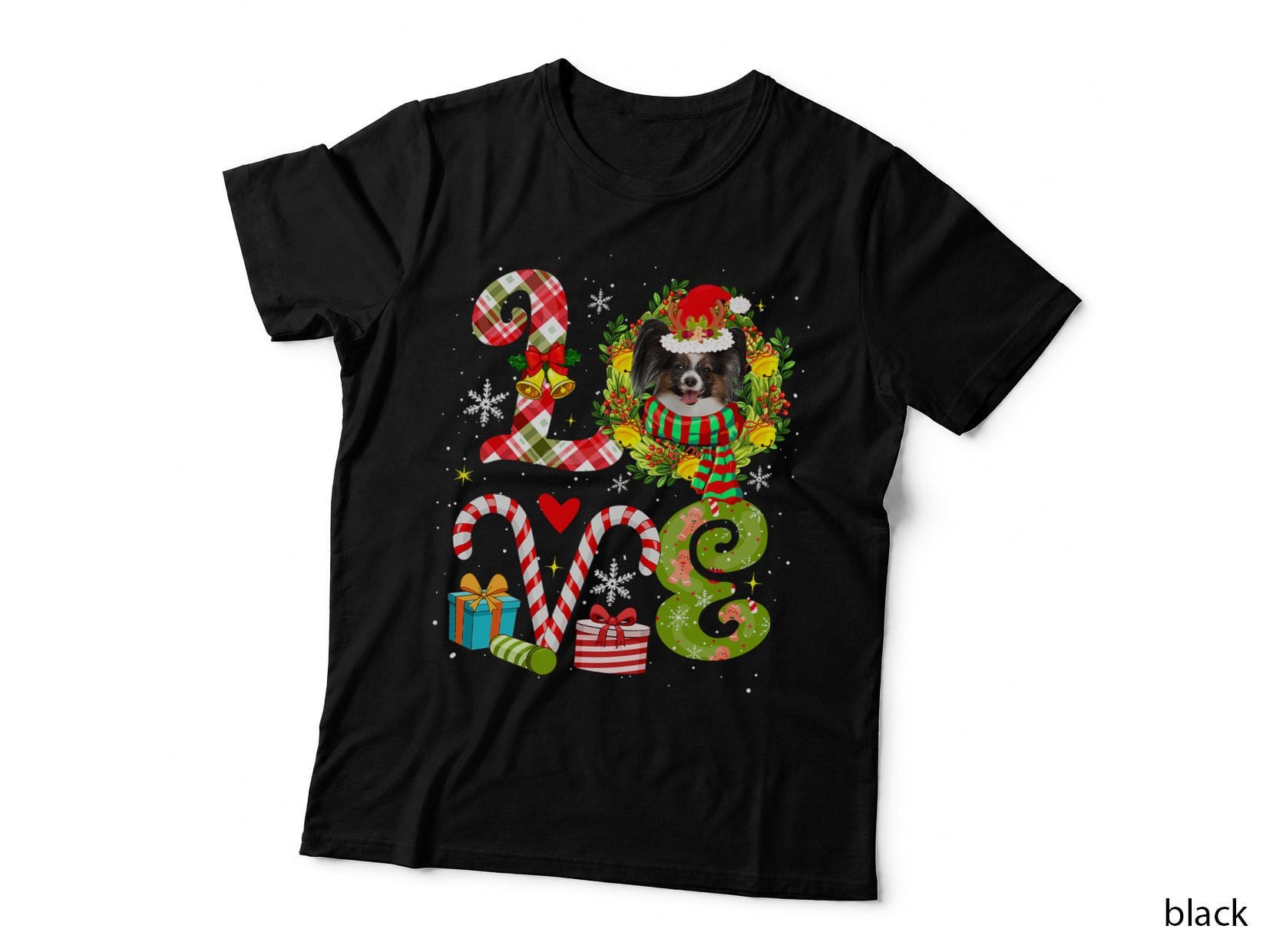 LOVE Christmas Papillon Wearing Santa Hat Dog Owner Lover T-Shirt