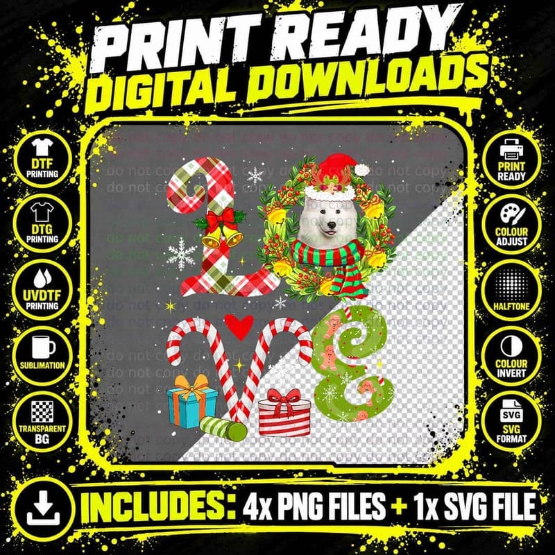 LOVE Christmas Samoyed Wearing Santa Hat Dog Owner Lover Png SVG Digital Bundle