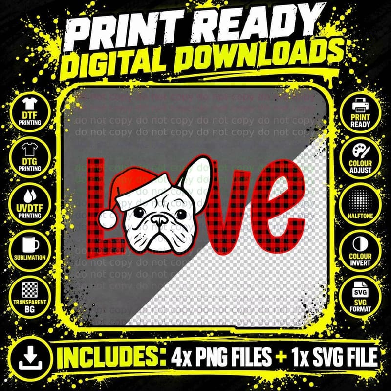Love French Bulldog Dog Christmas Red Plaid Buffalo Png SVG Digital Bundle