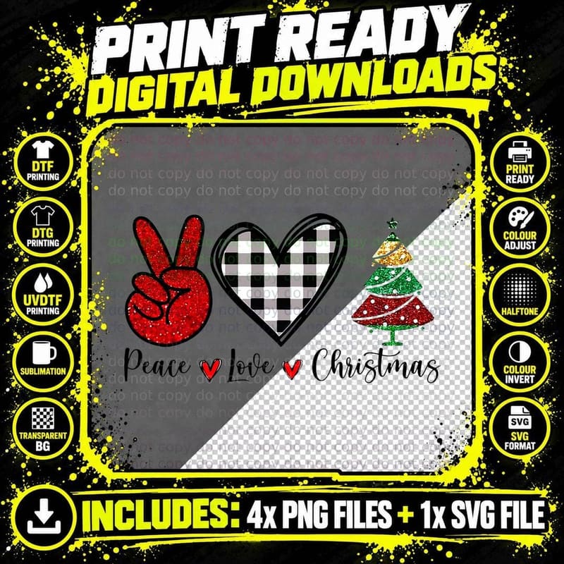 Love Peace Christmas, Boy Girl Buffalo Plaid Heart Png SVG Digital Bundle