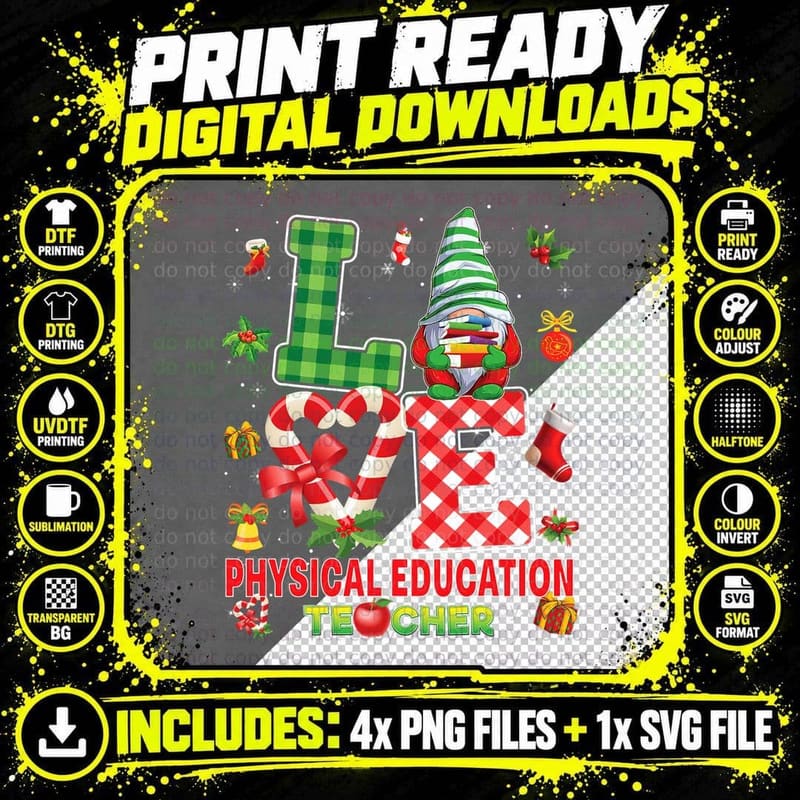 Love Physical Education Christmas Gnome Teacher Plaid Png SVG Digital Bundle