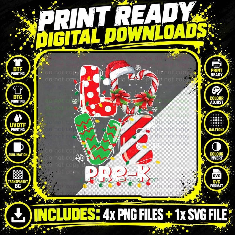 Love Pre K Teacher Christmas Funny Candy Cane Xmas Png SVG Digital Bundle