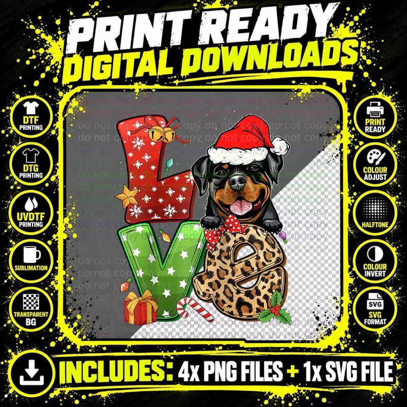 Love Rottweiler Christmas Tree Lights Dog Lover Png SVG Digital Bundle