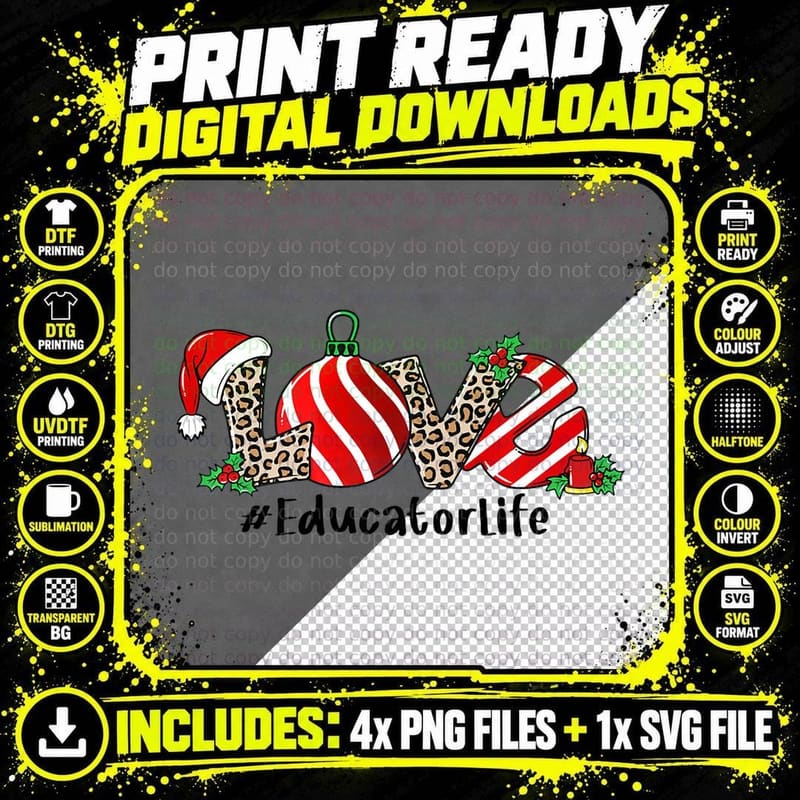 Love Xmas Leopard Plaid Christmas Educator Lover Png SVG Digital Bundle