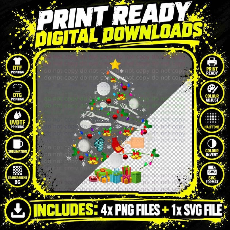 Lunch Lady Equipment Christmas Tree Funny Lights Lunch Png SVG Digital Bundle