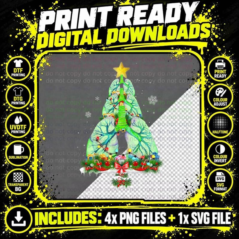 Lung Christmas Tree Light Respiratory Therapy Xmas Png SVG Digital Bundle
