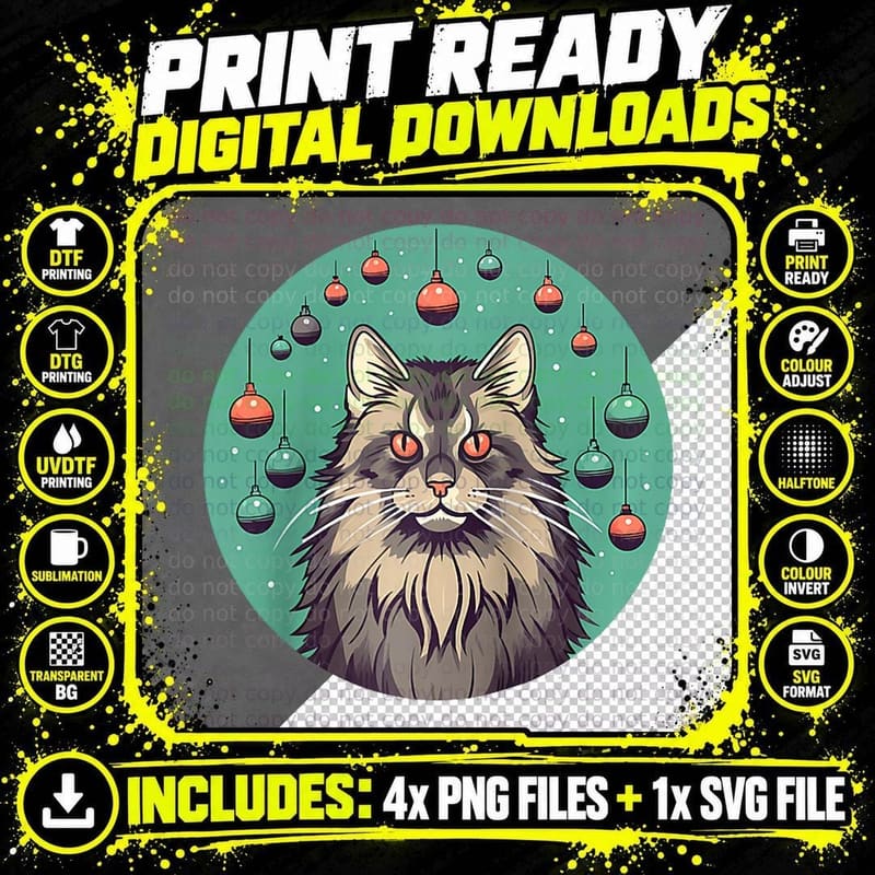Maine Coon Cat, Christmas Ornament, Love Cats Png SVG Digital Bundle