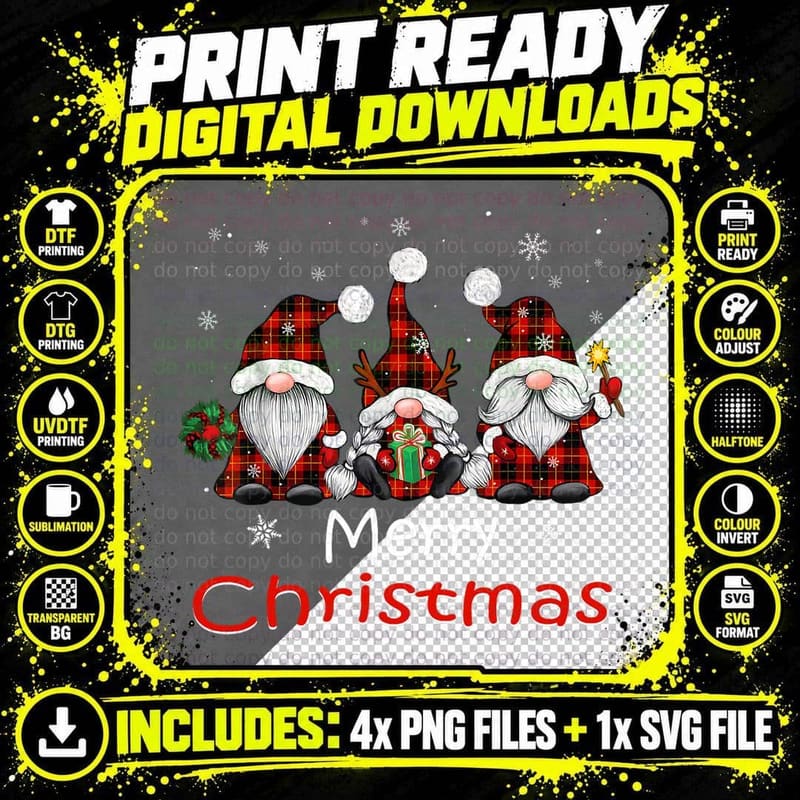 Merry Christmas Gnomes Buffalo Red Plaid for Men Women Png SVG Digital Bundle