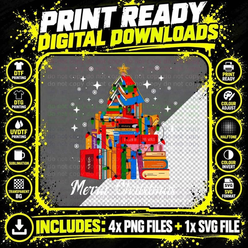 Merry Christmas Tree Love Reading Books Librarian Xmas Png SVG Digital Bundle