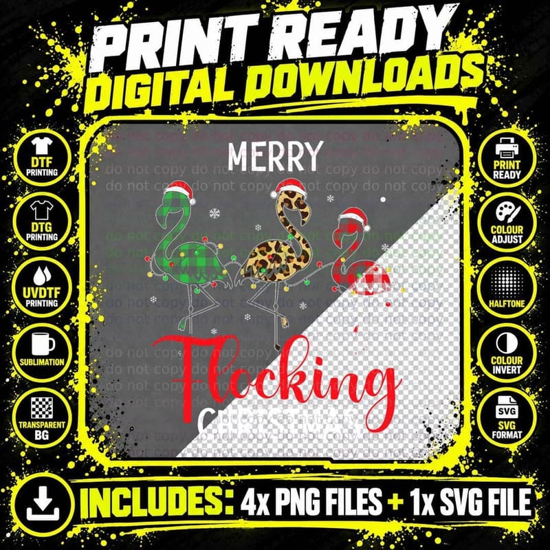 Merry Flocking Christmas Day Pink Flamingo Xmas Holidays Png SVG Digital Bundle