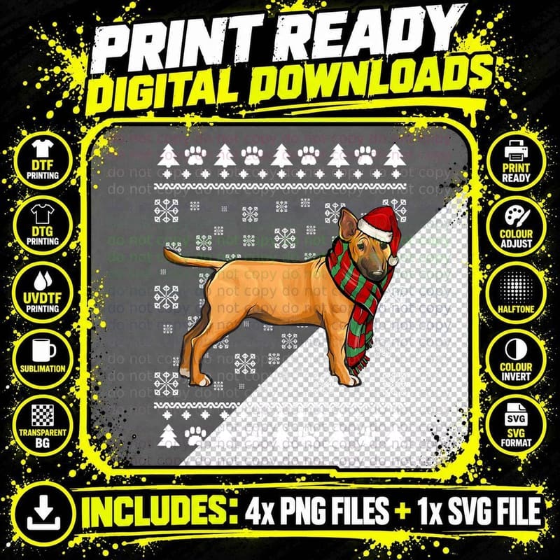 Miniature Bull Terrier Dog Santa Hat Xmas Ugly Christmas Png SVG Digital Bundle