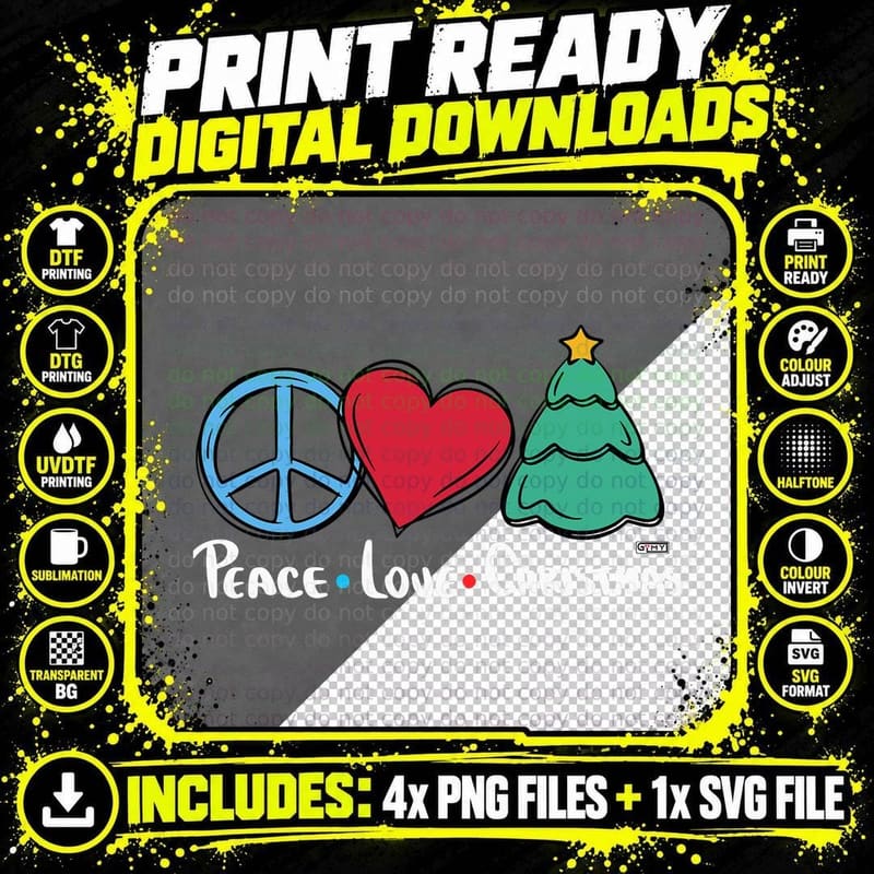 Peace Love Christmas Tree, Peace Happy Green Christmas Png SVG Digital Bundle
