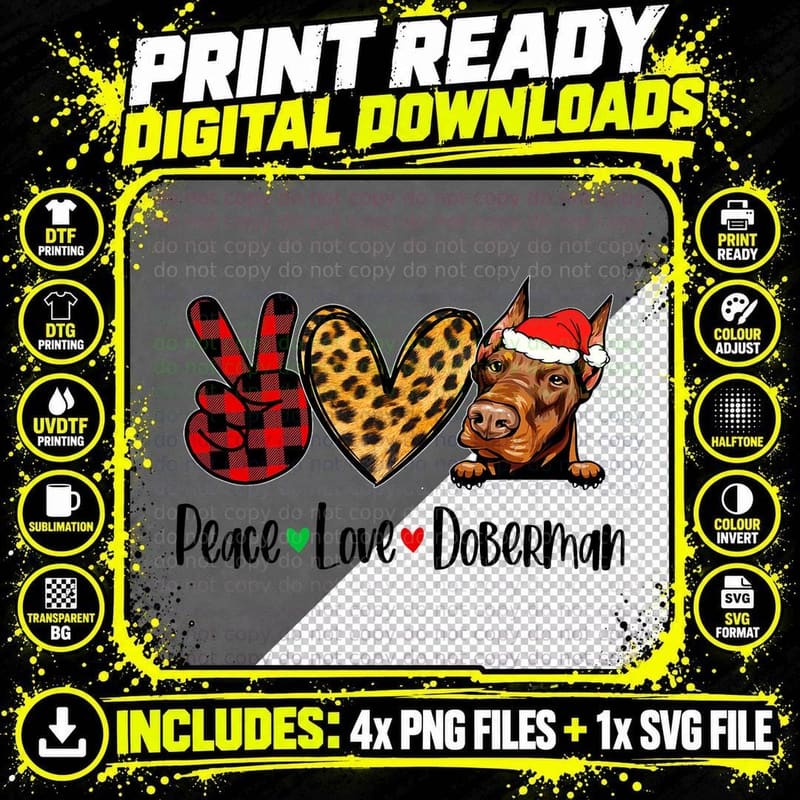 Peace Love Doberman Christmas Tree Lights Dog Lover Xmas Png SVG Digital Bundle