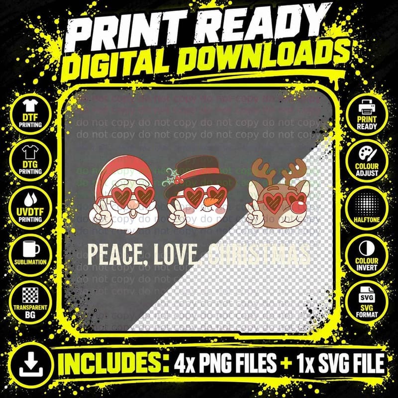 Peace, Love Christmas Retro Santa Reindeer Snowman Png SVG Digital Bundle